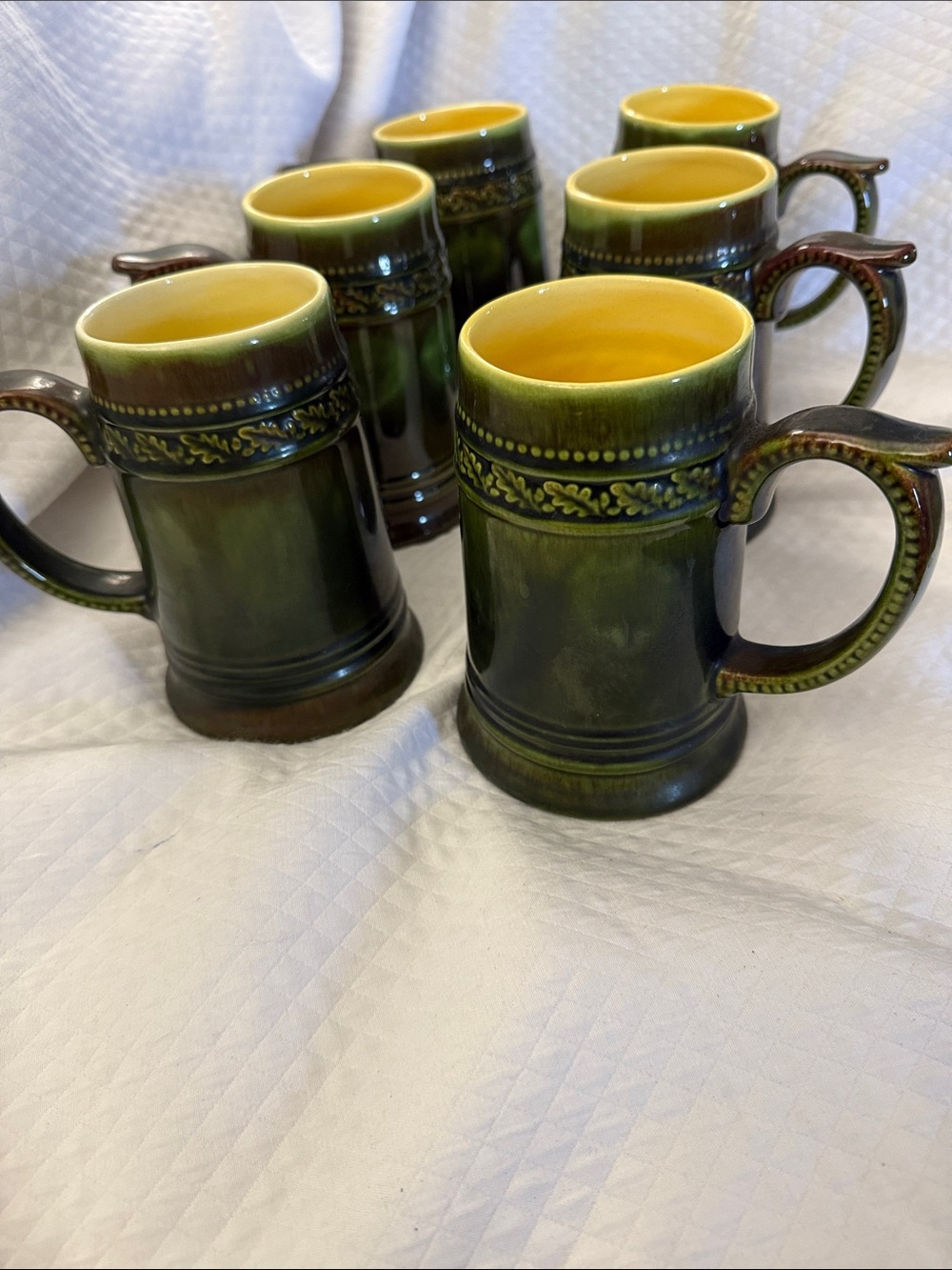 Vintage Chapeau Canada Pottery Set of 6 Green and Gold Oak Leaf Steins/Mugs MCM